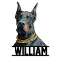 Detailed Doberman portrait metal sign with upright ears, gold chain collar, and bold lower accent