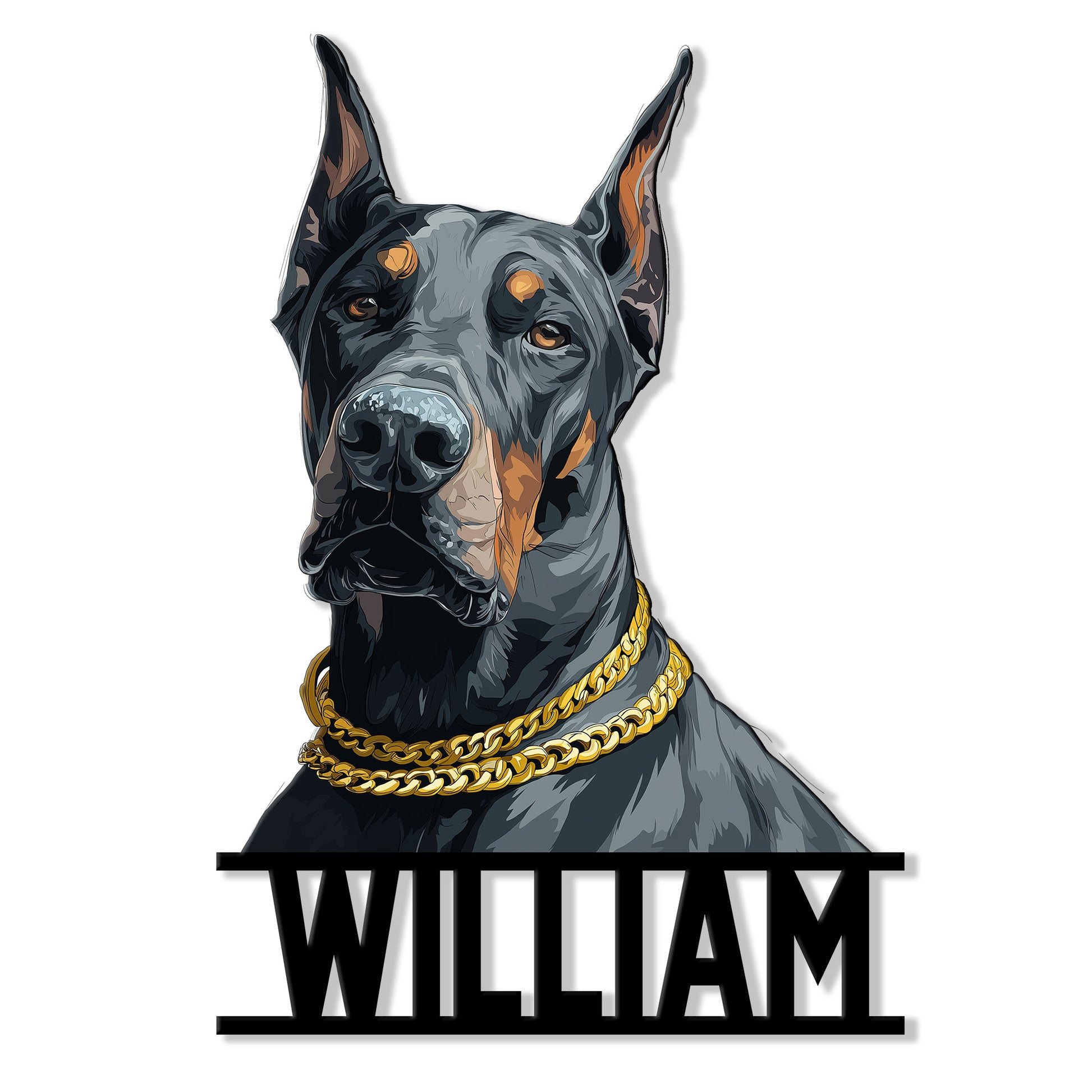 Detailed Doberman portrait metal sign with upright ears, gold chain collar, and bold lower accent