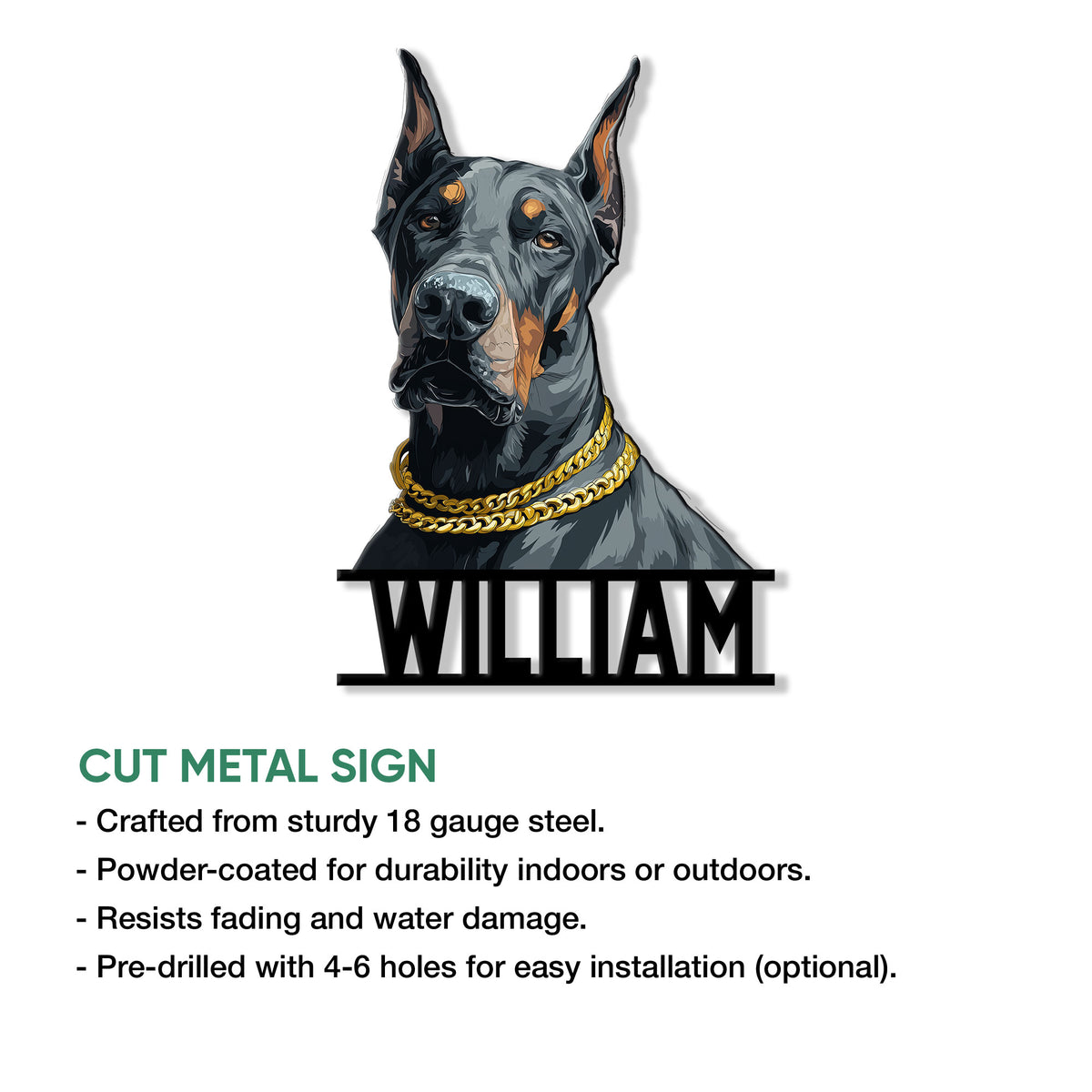 Doberman metal sign feature graphic showing the portrait design and cut metal sign presentation