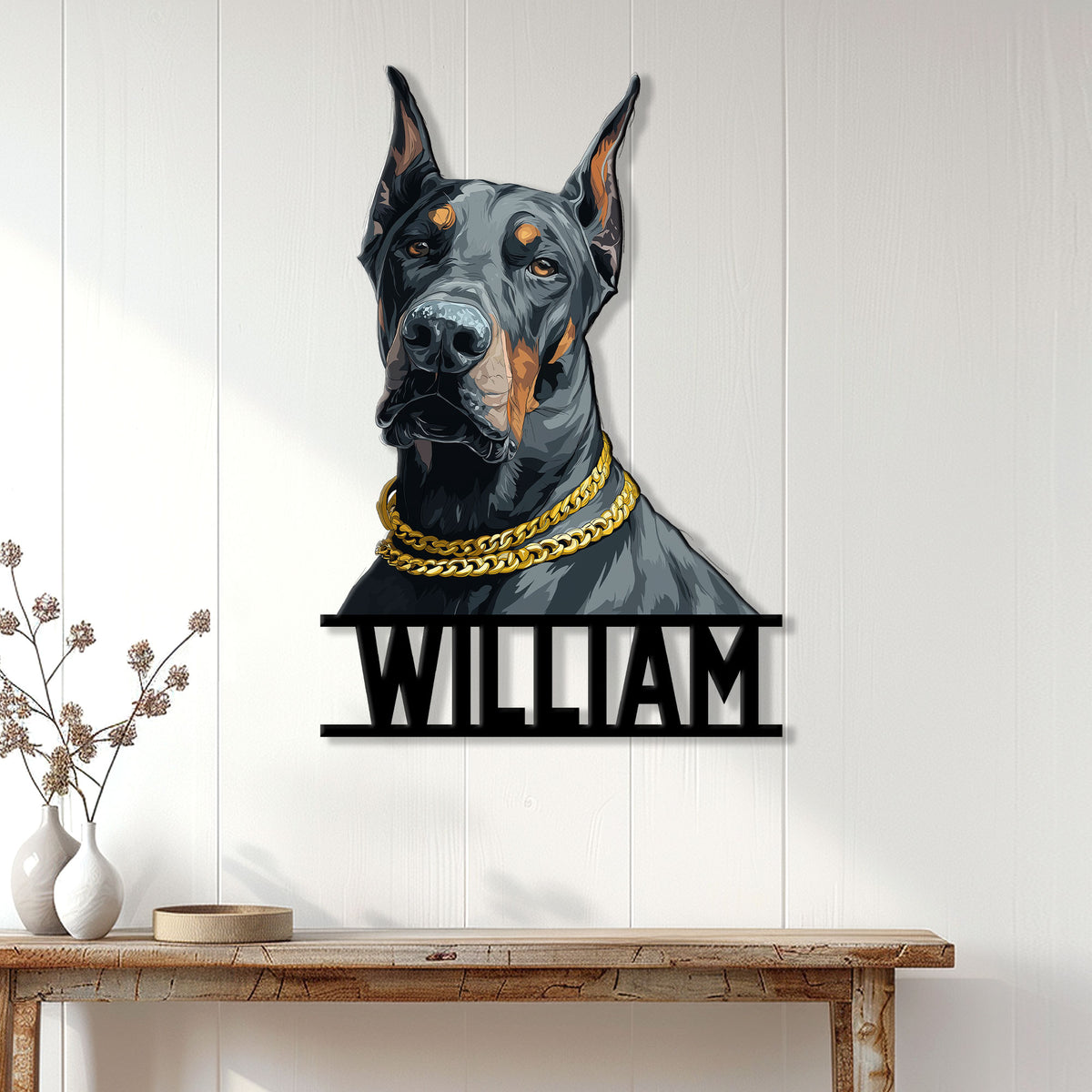Doberman portrait metal sign displayed as striking wall decor in a bright home entryway