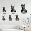 Doberman metal sign size guide showing available square sizes from 8 by 8 to 24 by 24 inches