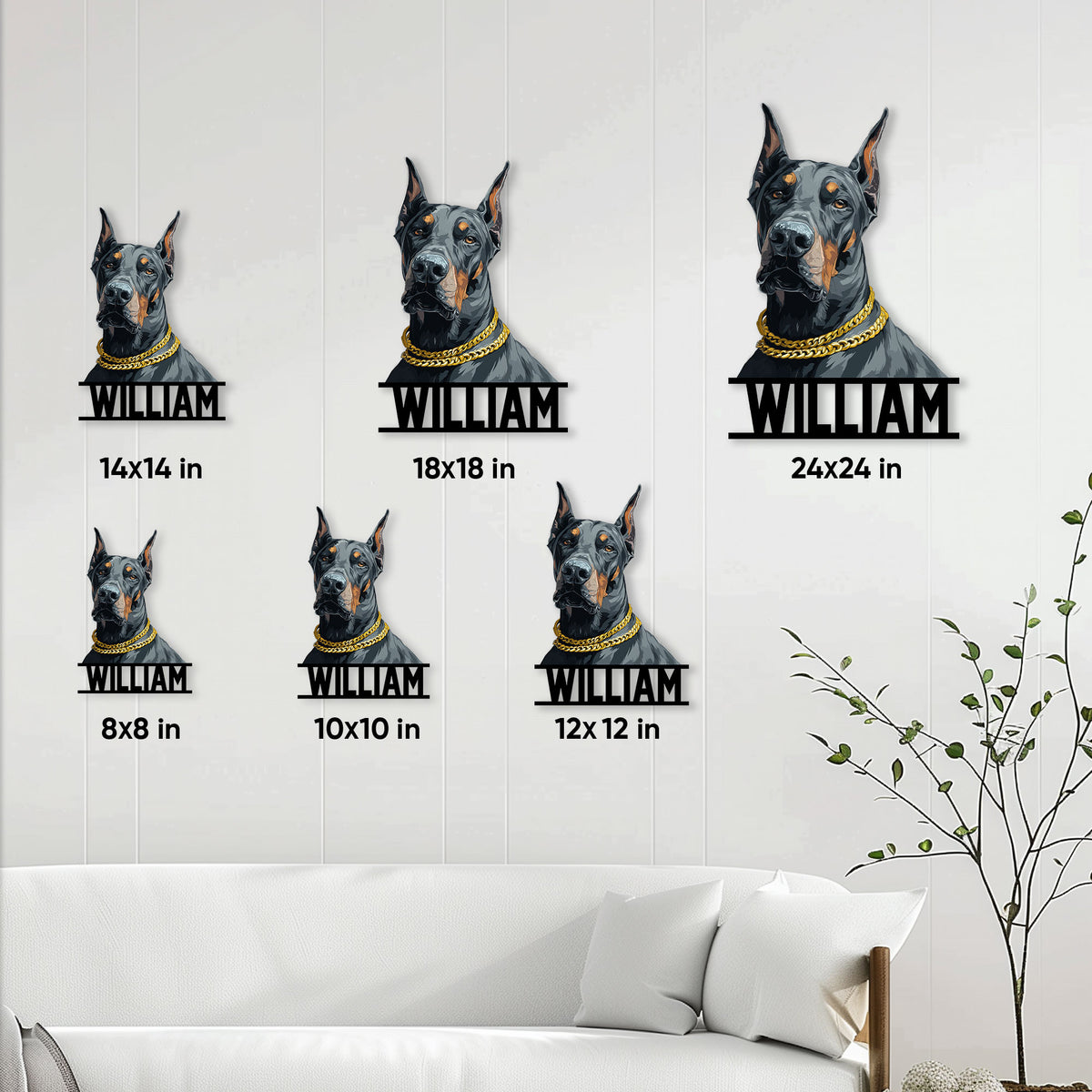 Doberman metal sign size guide showing available square sizes from 8 by 8 to 24 by 24 inches