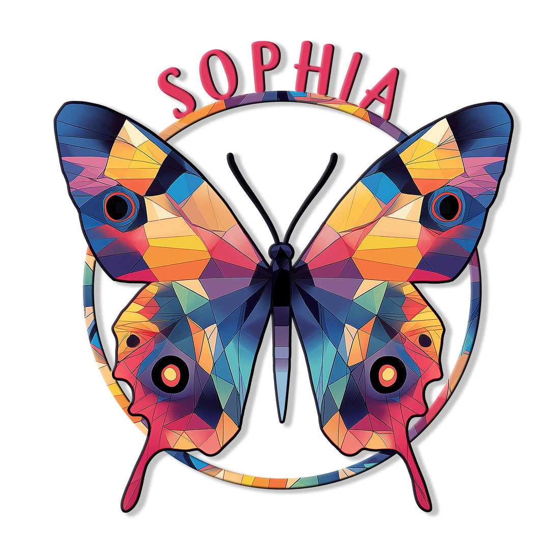 Colorful geometric butterfly metal sign with symmetrical wings and vibrant blue, pink, orange, and purple details