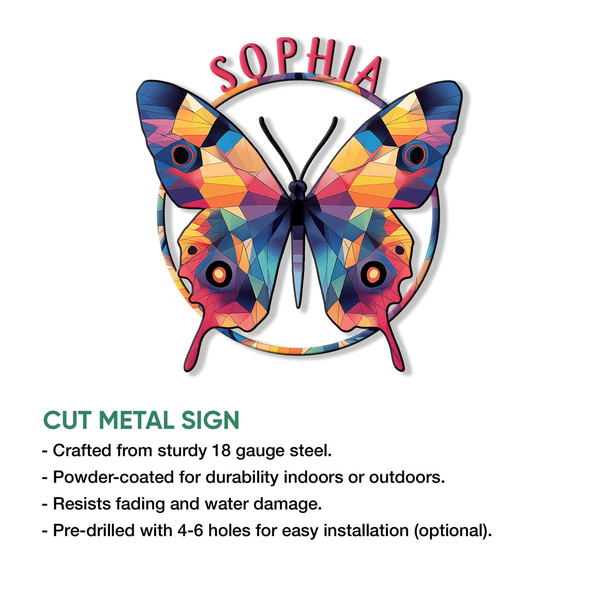 Vibrant butterfly cut metal sign featuring colorful geometric wings and a decorative arched design