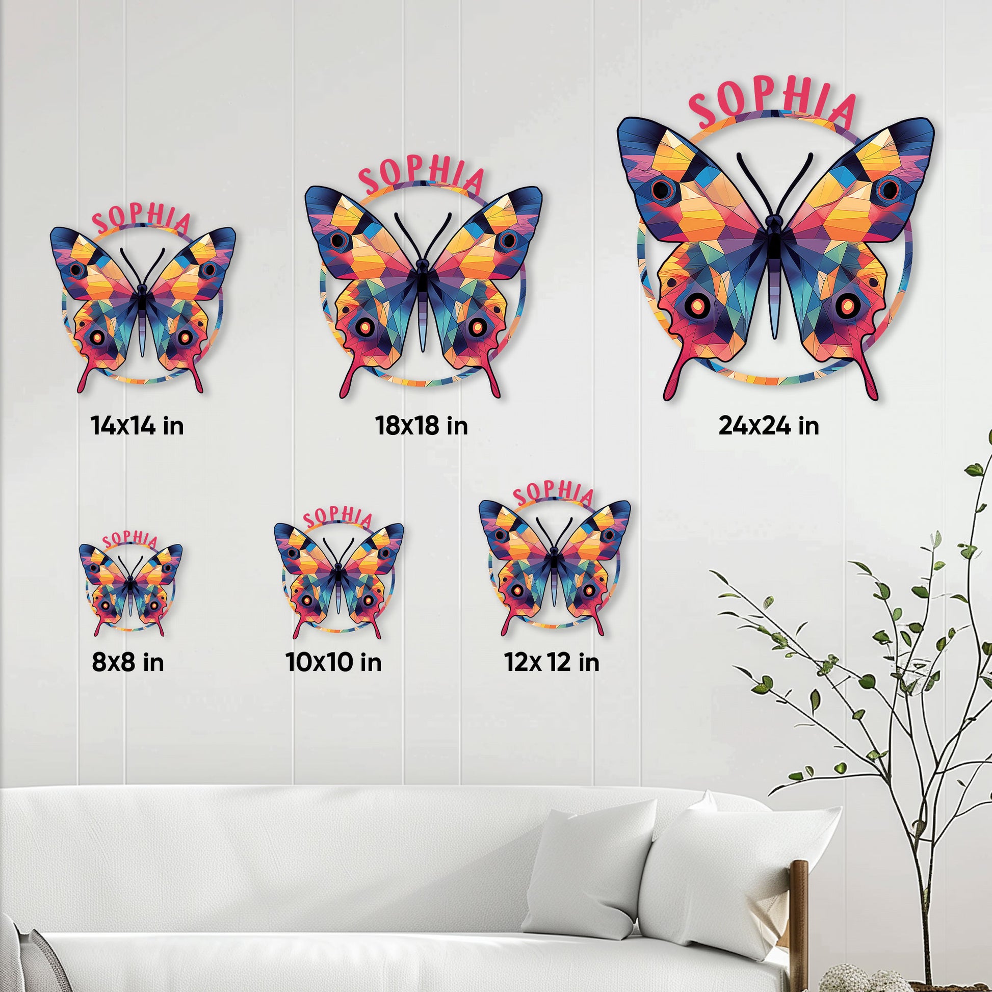 Butterfly metal sign size guide showing available square sizes from 8 by 8 to 24 by 24 inches