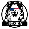 Custom Sheltie metal sign featuring a fluffy Shetland Sheepdog wearing American flag sunglasses