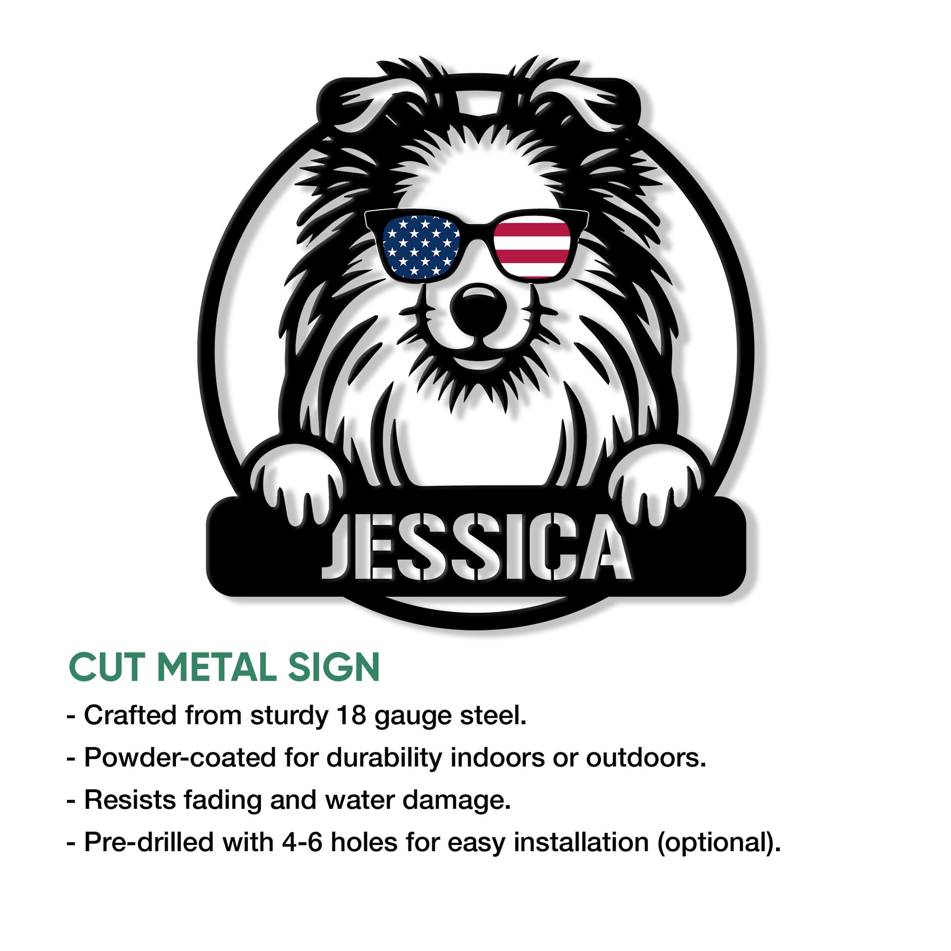 Sheltie cut metal sign feature graphic showing available sizes and indoor or outdoor display details