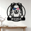 Sheltie dog metal wall sign displayed on a light wood-paneled wall above a console table