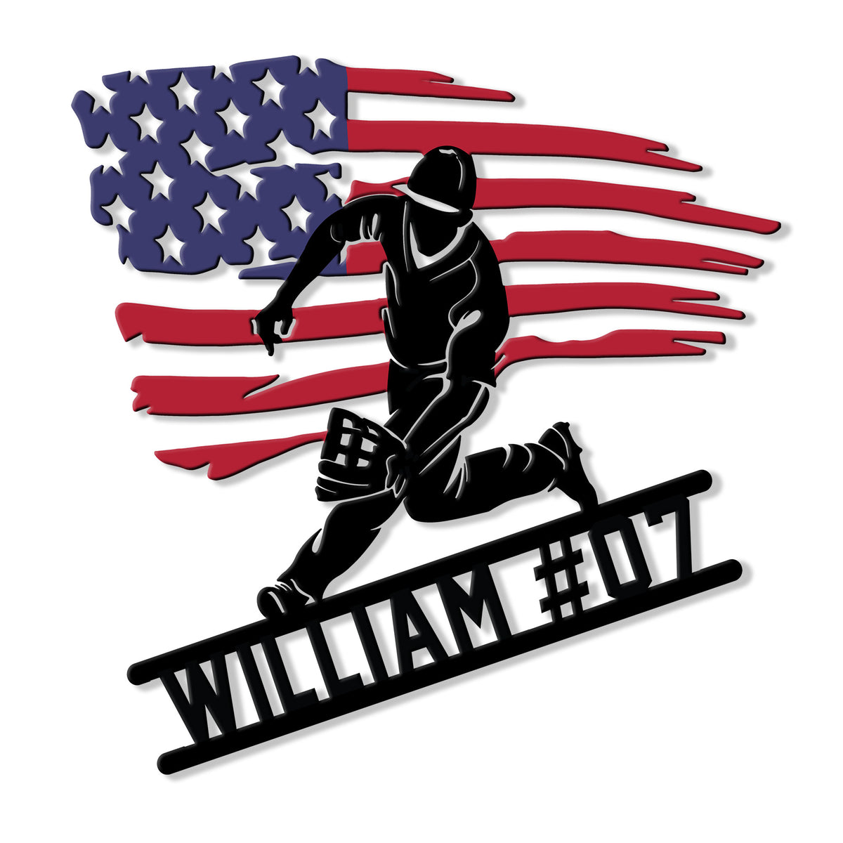 Custom baseball catcher metal sign with an American flag backdrop and bold sports silhouette