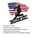 Baseball catcher metal sign feature graphic showing the patriotic flag design and cut-metal style