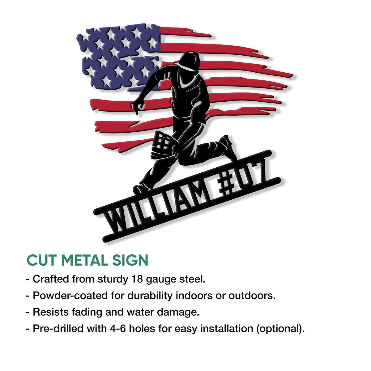 Baseball catcher metal sign feature graphic showing the patriotic flag design and cut-metal style