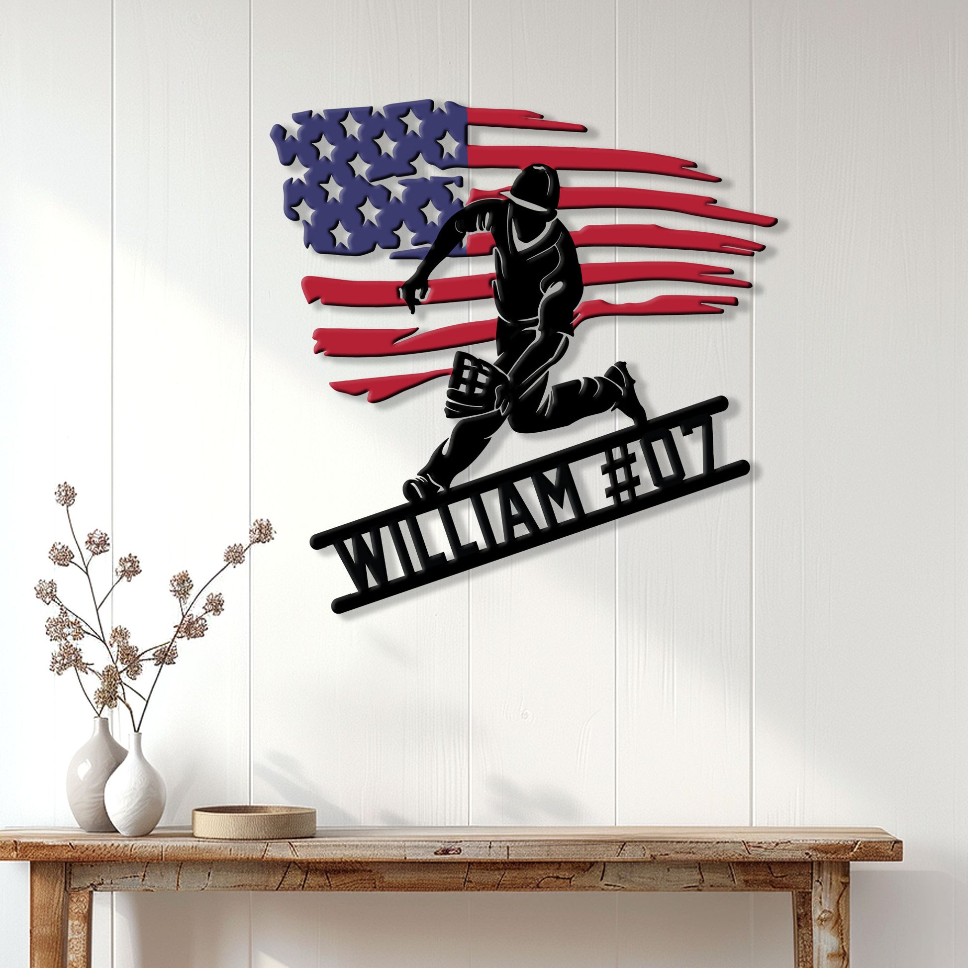 Baseball catcher wall sign displayed on a light paneled wall above a rustic console table