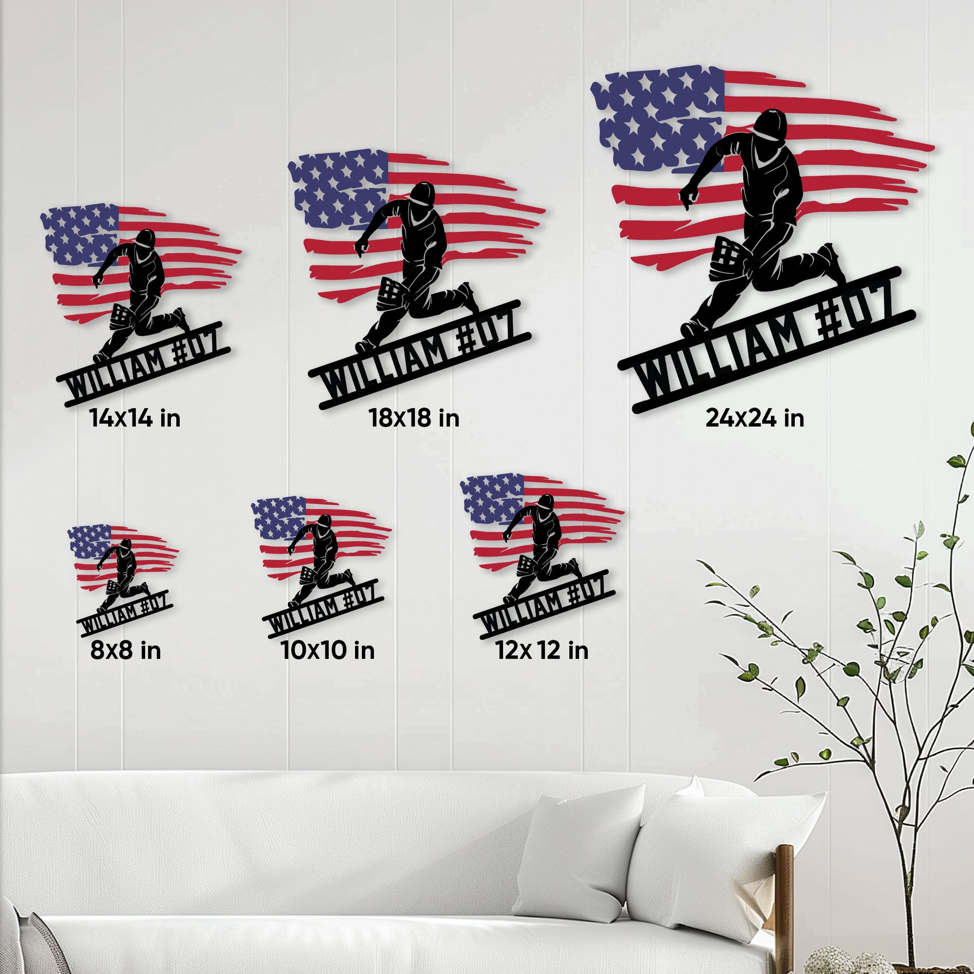 Baseball catcher metal sign size guide showing available square sizes from 8x8 to 24x24 inches