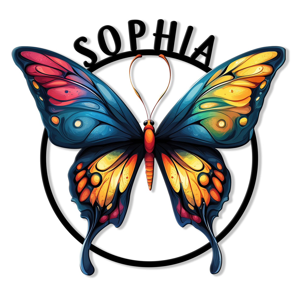 Colorful butterfly metal sign with vivid blue, pink, orange, and yellow wings in a circular design