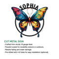 Cut metal butterfly sign featuring bright multicolor wings and a bold circular wall art design