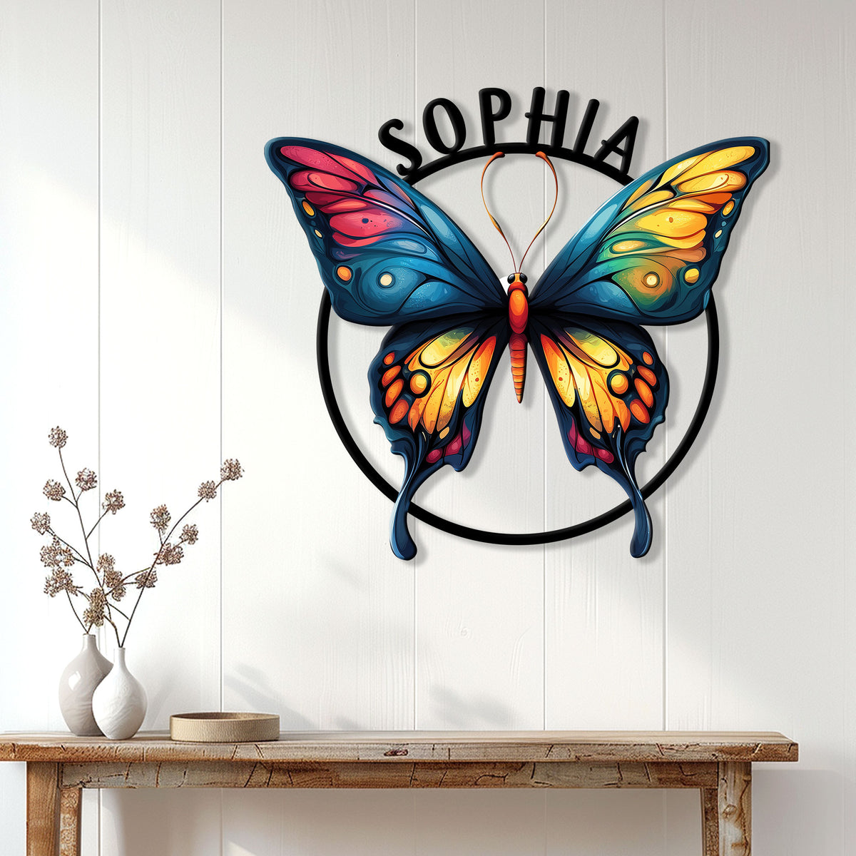 Colorful butterfly wall sign displayed above a console table in a bright, modern home interior