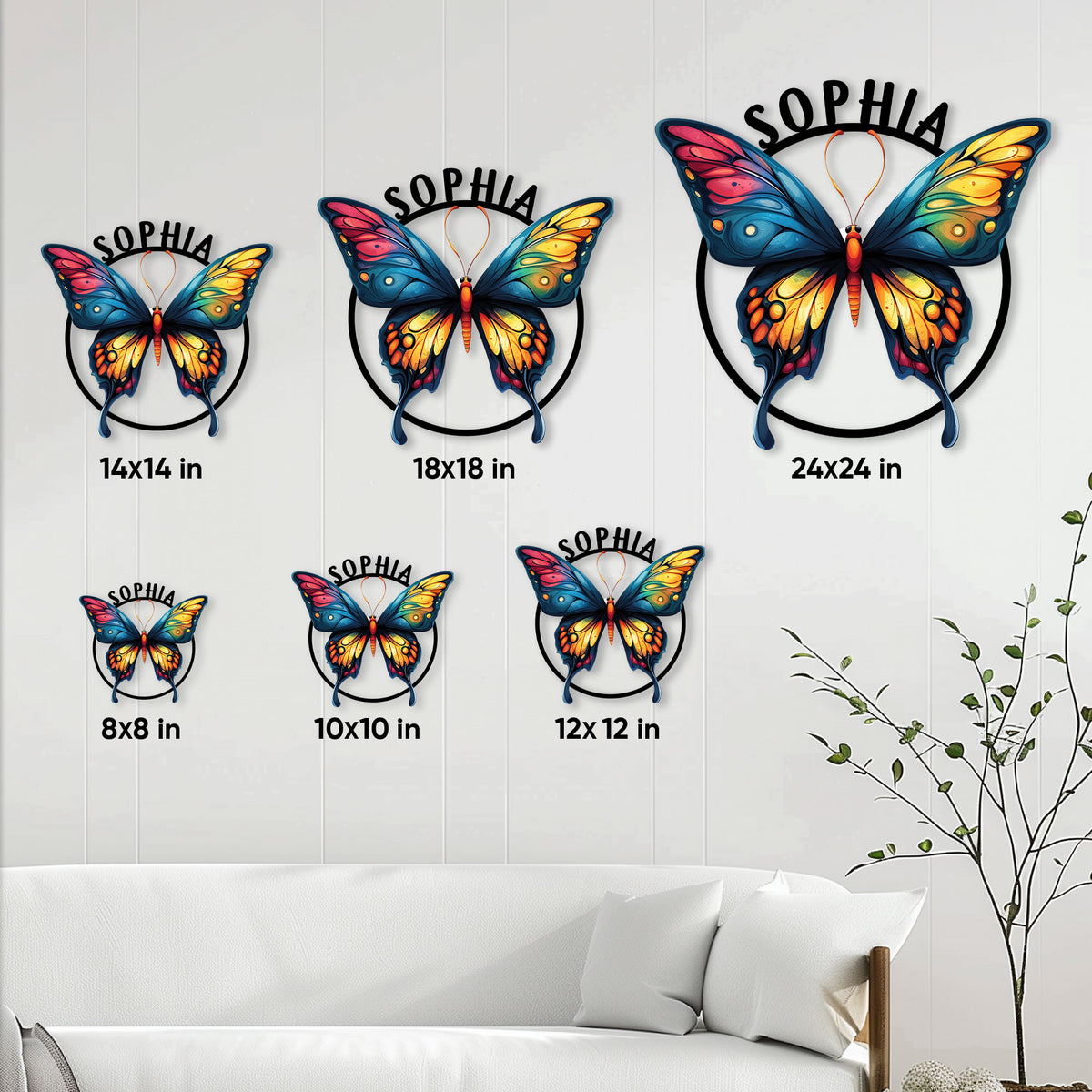Butterfly metal sign size guide showing available square sizes from 8 by 8 to 24 by 24 inches
