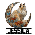 Stained-glass style Ragdoll cat metal sign seated within a crescent moon and framed by a bold custom name design