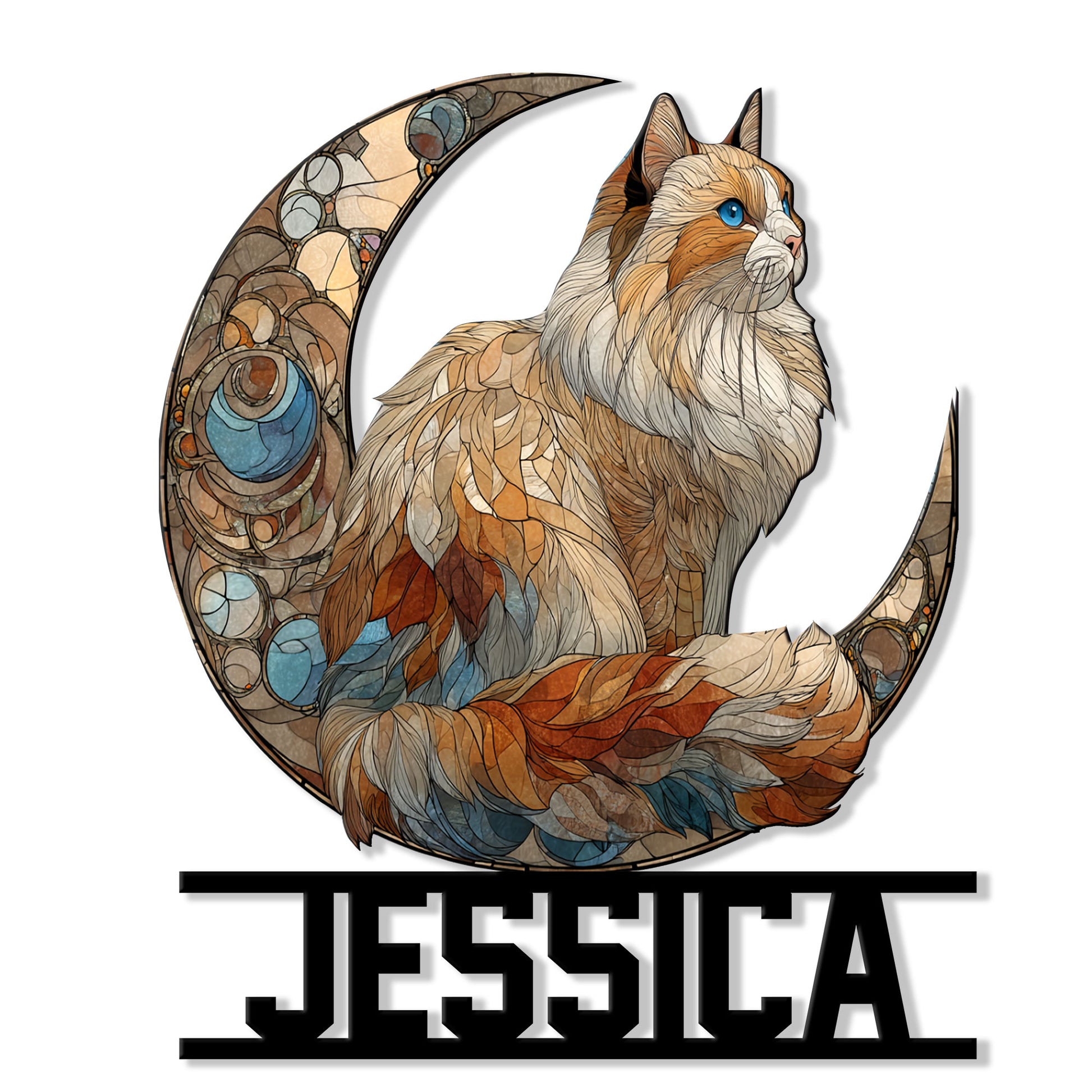 Stained-glass style Ragdoll cat metal sign seated within a crescent moon and framed by a bold custom name design