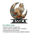 Ragdoll cat crescent moon metal sign shown with cut-metal construction and display feature information