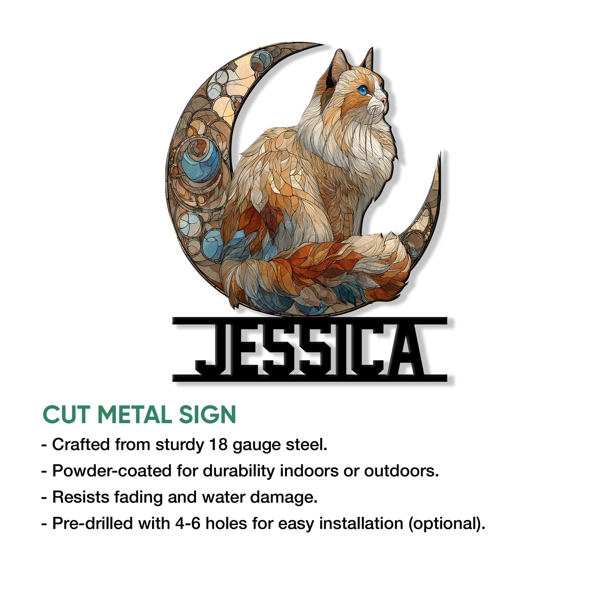 Ragdoll cat crescent moon metal sign shown with cut-metal construction and display feature information