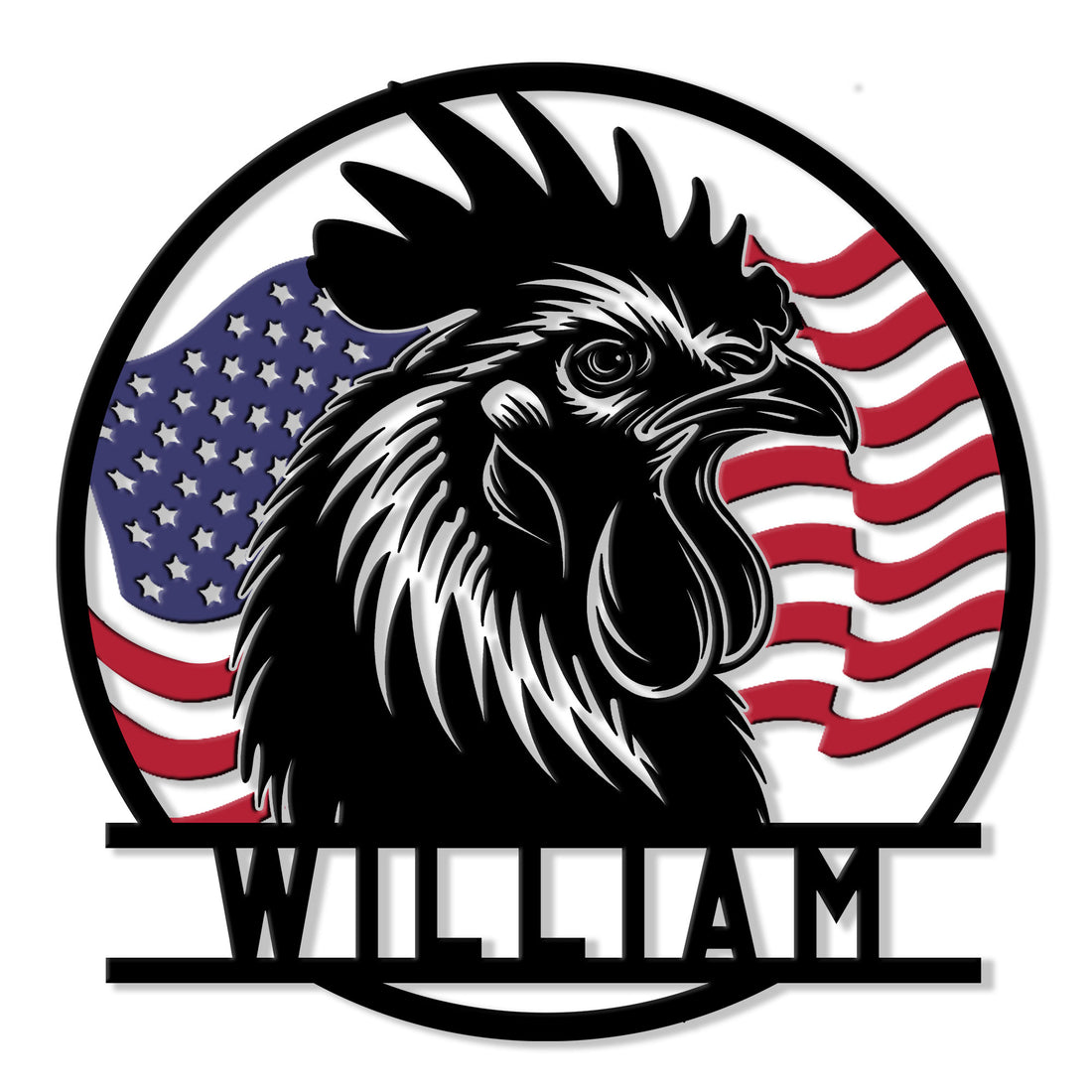 Patriotic rooster metal sign featuring a bold chicken silhouette framed by an American flag design