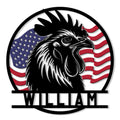 Patriotic rooster metal sign featuring a bold chicken silhouette framed by an American flag design