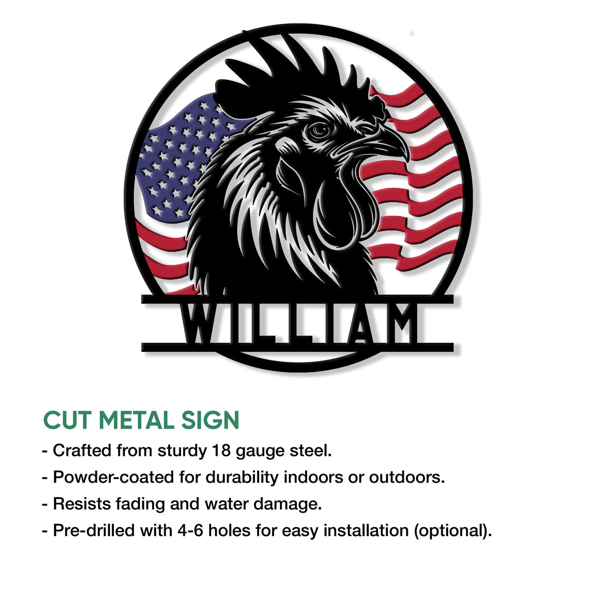 Cut metal chicken sign showing a detailed rooster portrait with a patriotic American flag background