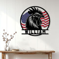 Patriotic rooster wall sign displayed on a light farmhouse-style wall above a console table