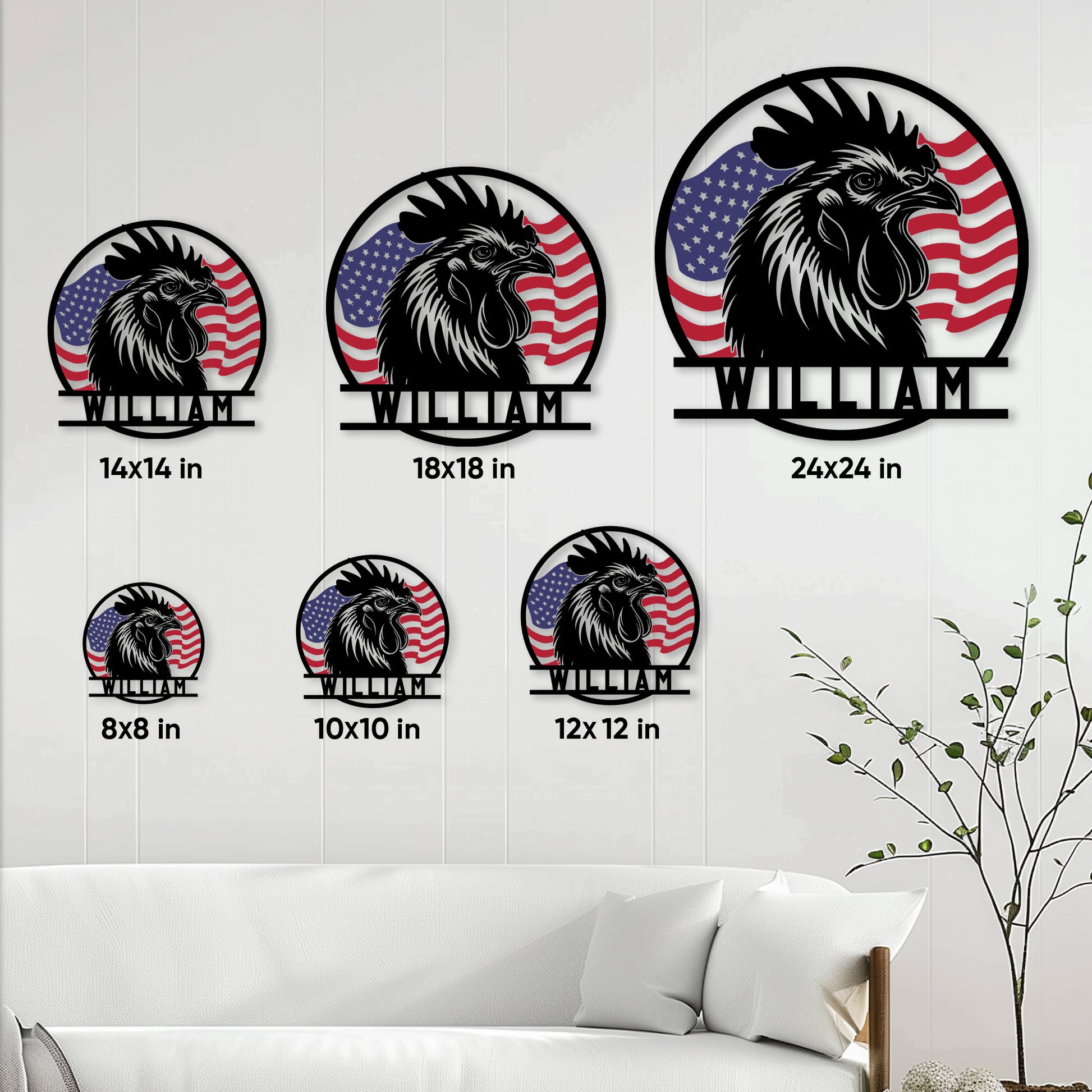Chicken rooster metal sign size guide showing six available square size options from 8x8 to 24x24 inches