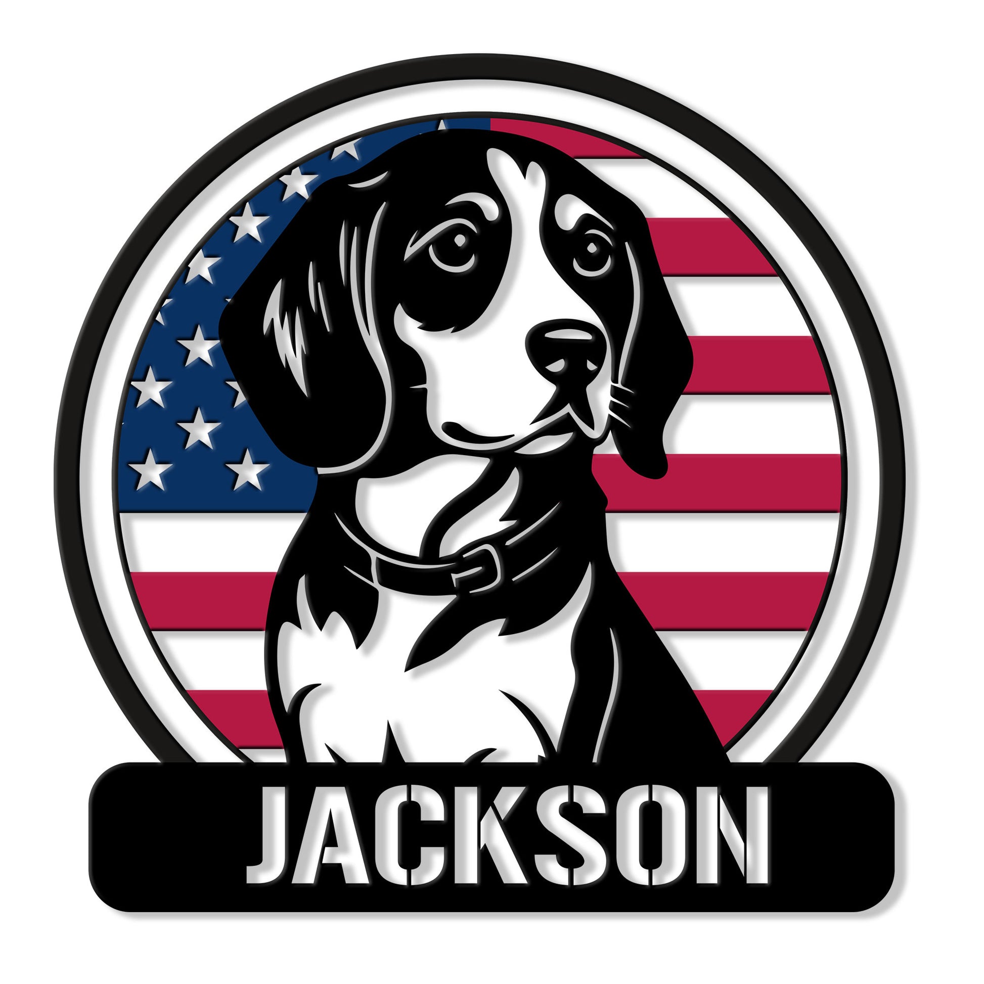 Custom Beagle metal sign featuring a black and white dog portrait over an American flag background