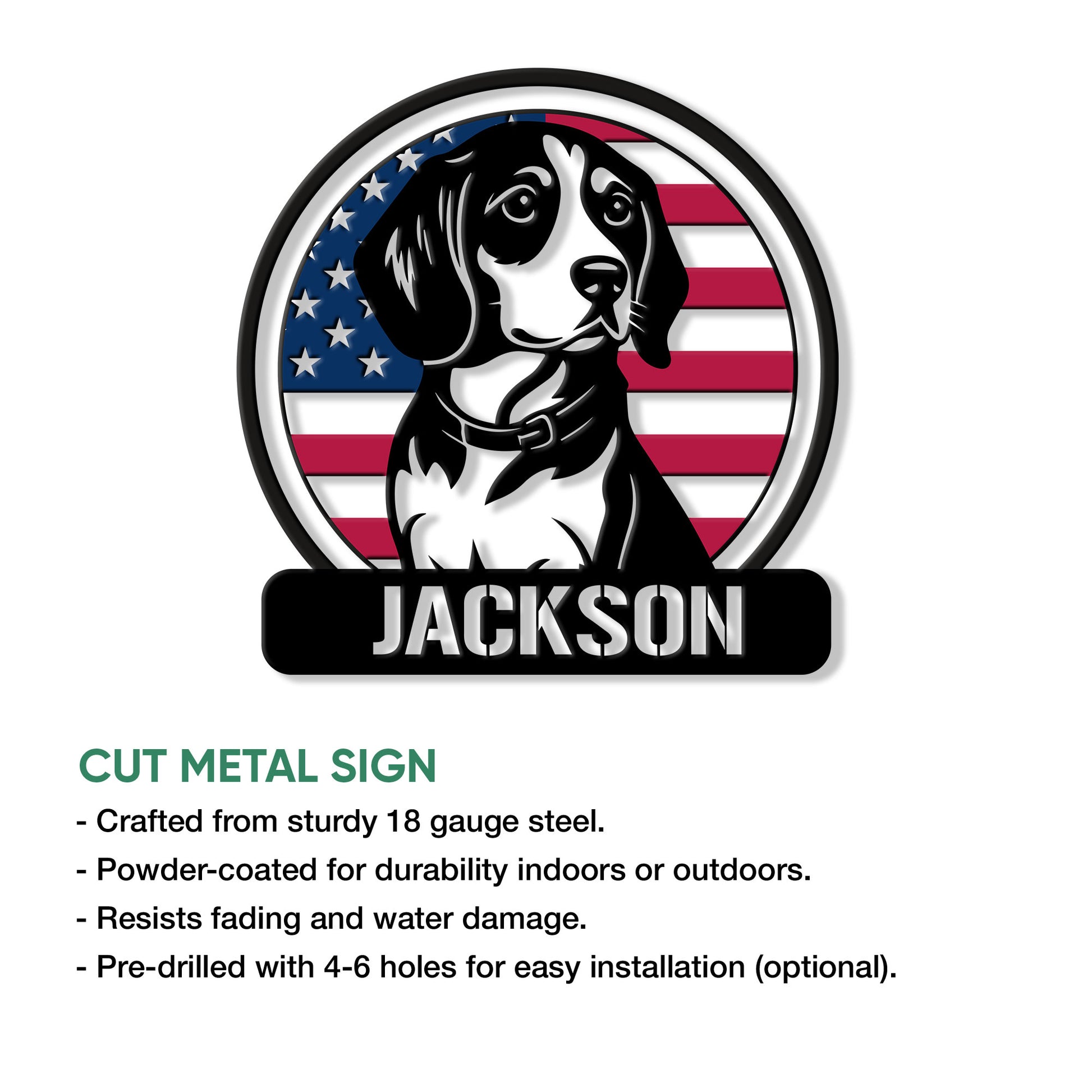 Beagle metal sign product graphic showing the patriotic dog design and available sign features