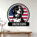 Patriotic Beagle wall sign displayed on a white paneled wall above a wood console