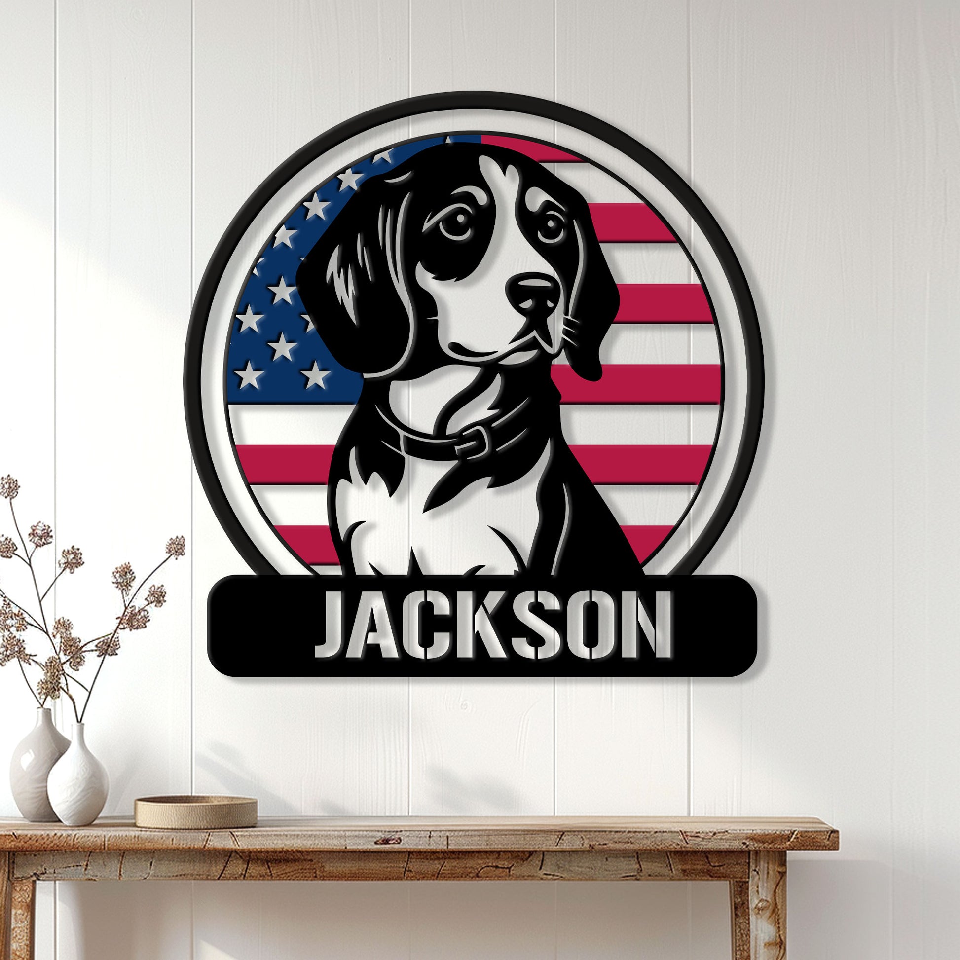 Patriotic Beagle wall sign displayed on a white paneled wall above a wood console