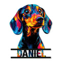 Colorful pop-art dachshund portrait on a custom metal sign with bold black name-style lettering