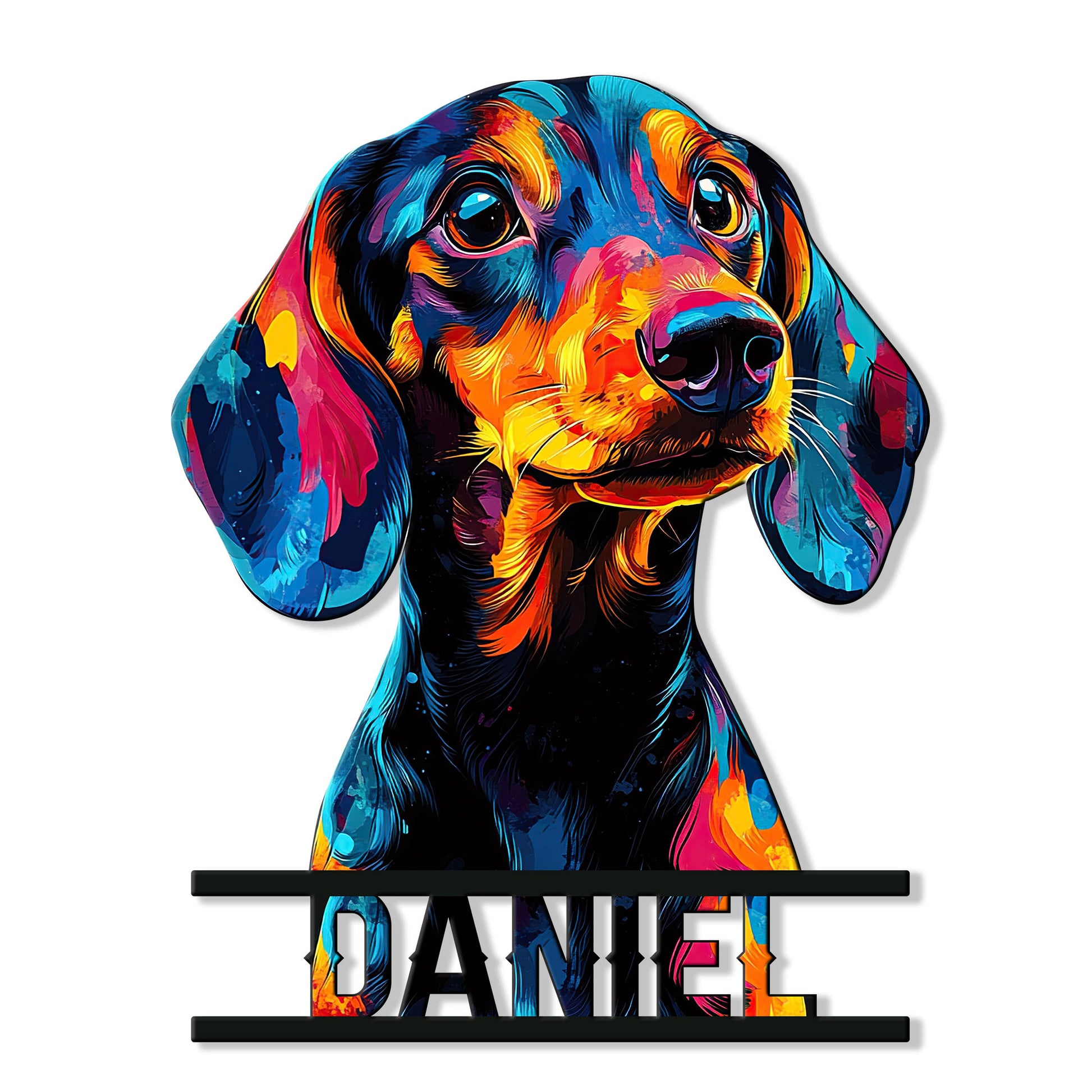 Colorful pop-art dachshund portrait on a custom metal sign with bold black name-style lettering