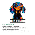 Vibrant dachshund cut metal sign featuring a colorful portrait and decorative horizontal bars