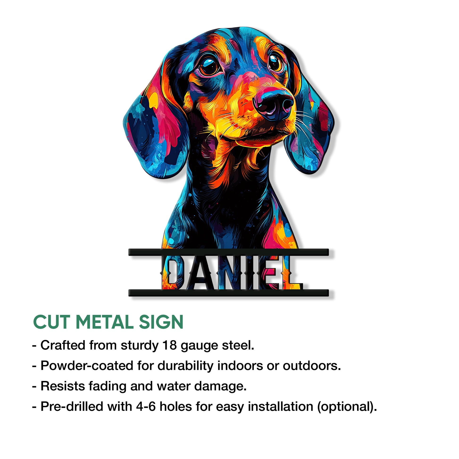 Vibrant dachshund cut metal sign featuring a colorful portrait and decorative horizontal bars