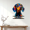 Colorful dachshund metal wall sign displayed on a bright paneled wall above a console table