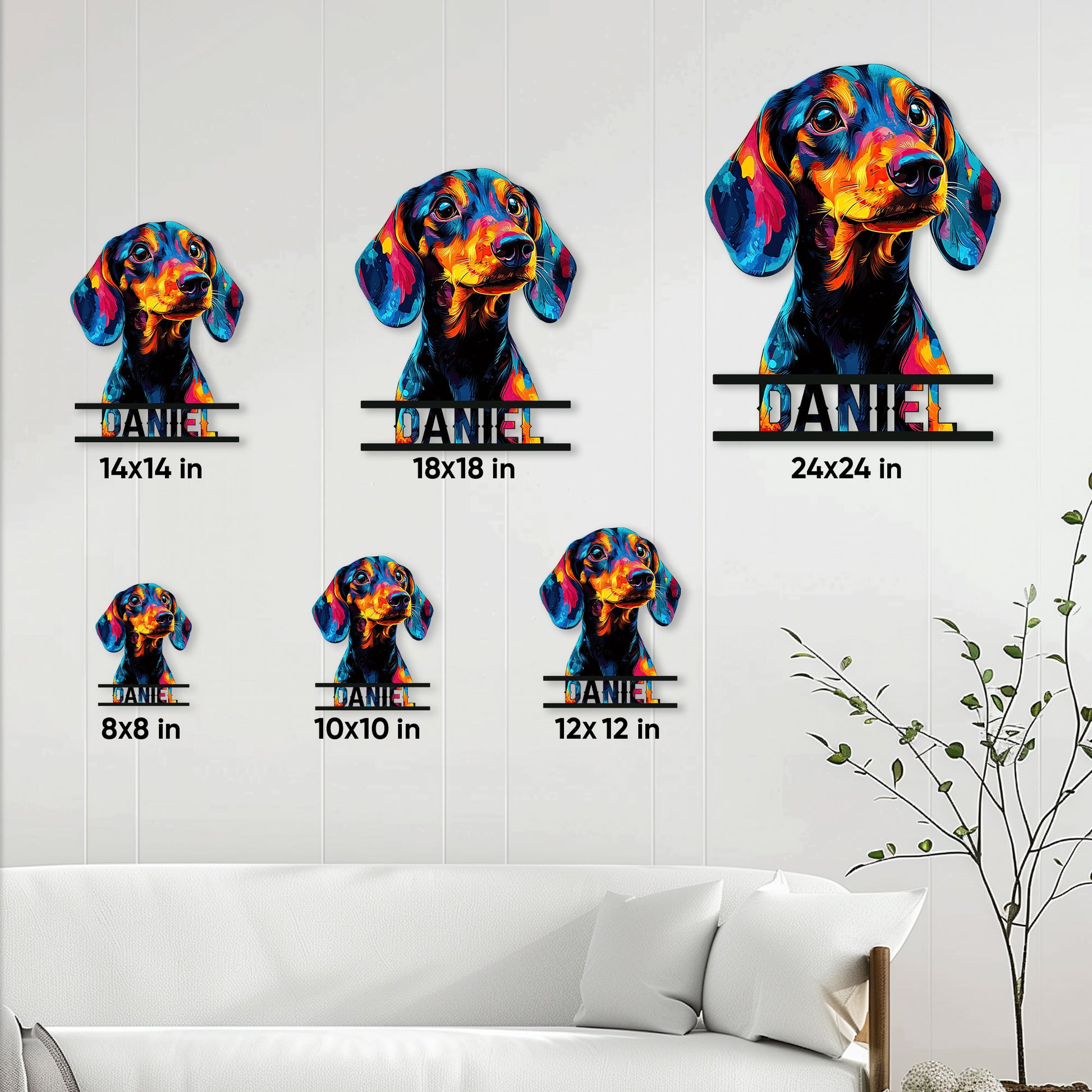 Dachshund metal sign size guide showing available 8x8, 10x10, 12x12, 14x14, 18x18, and 24x24 inch sizes