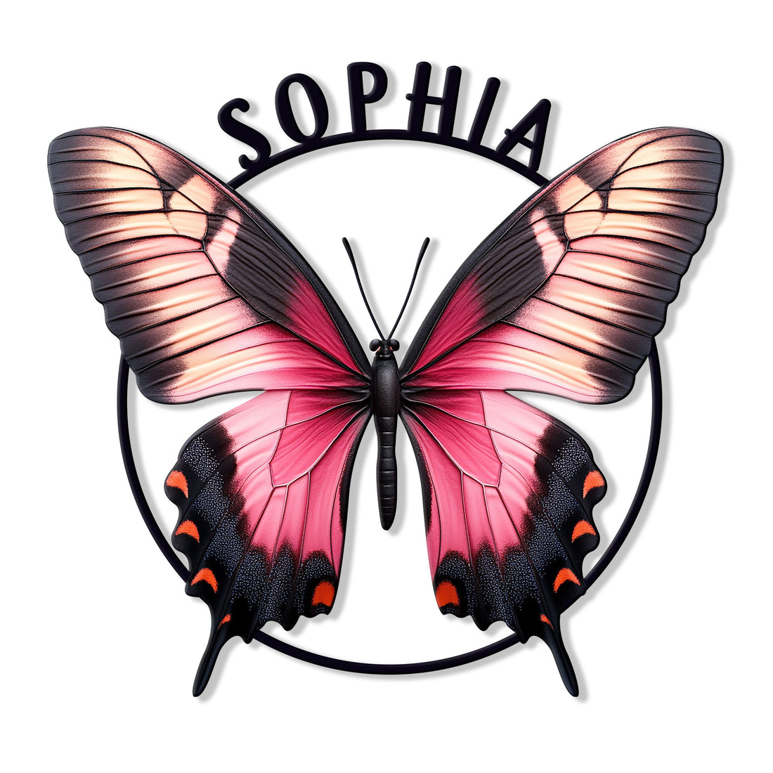 Detailed pink and black butterfly metal sign with patterned wings and a circular frame