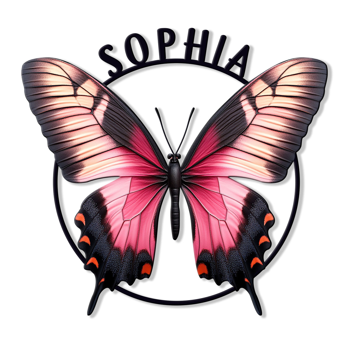 Detailed pink and black butterfly metal sign with patterned wings and a circular frame