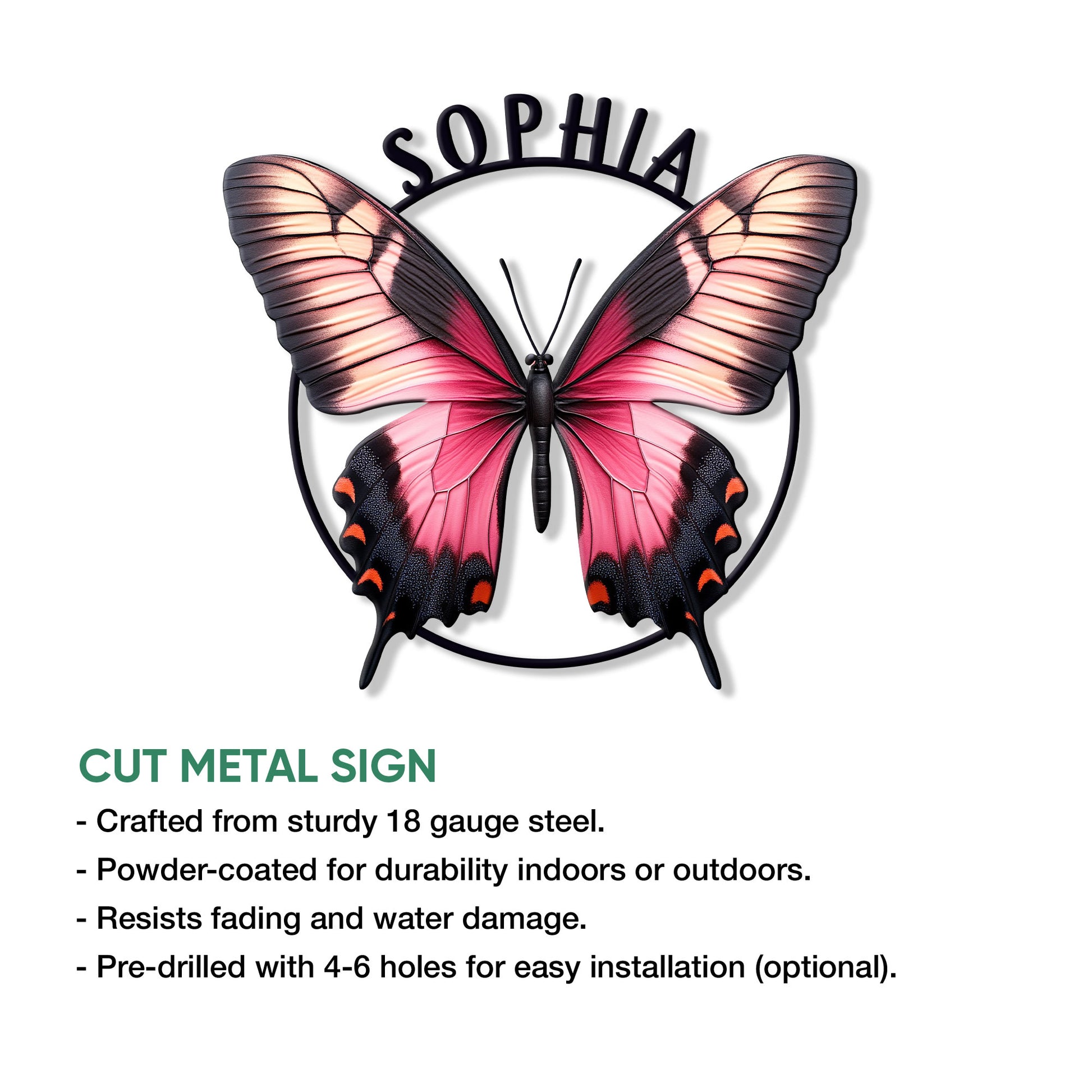 Pink butterfly cut metal sign shown with a clean view of its colorful wing design