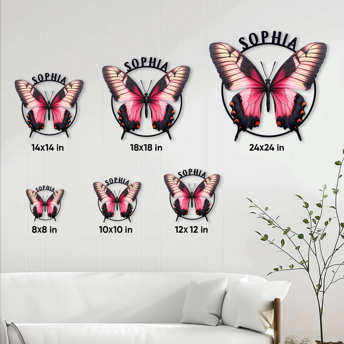 Butterfly metal sign shown in multiple sizes above a sofa for home decor scale reference