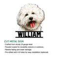 Bichon Frise cut metal sign shown with a detailed smiling dog portrait and decorative silhouette design