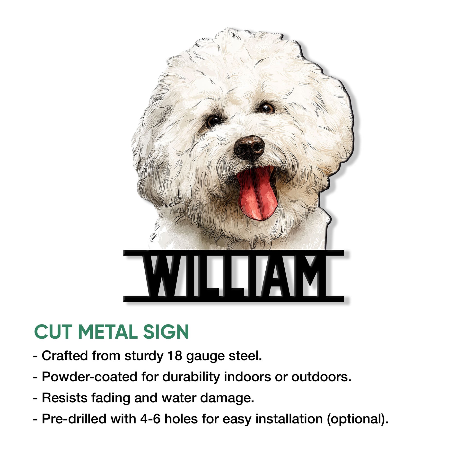 Bichon Frise cut metal sign shown with a detailed smiling dog portrait and decorative silhouette design