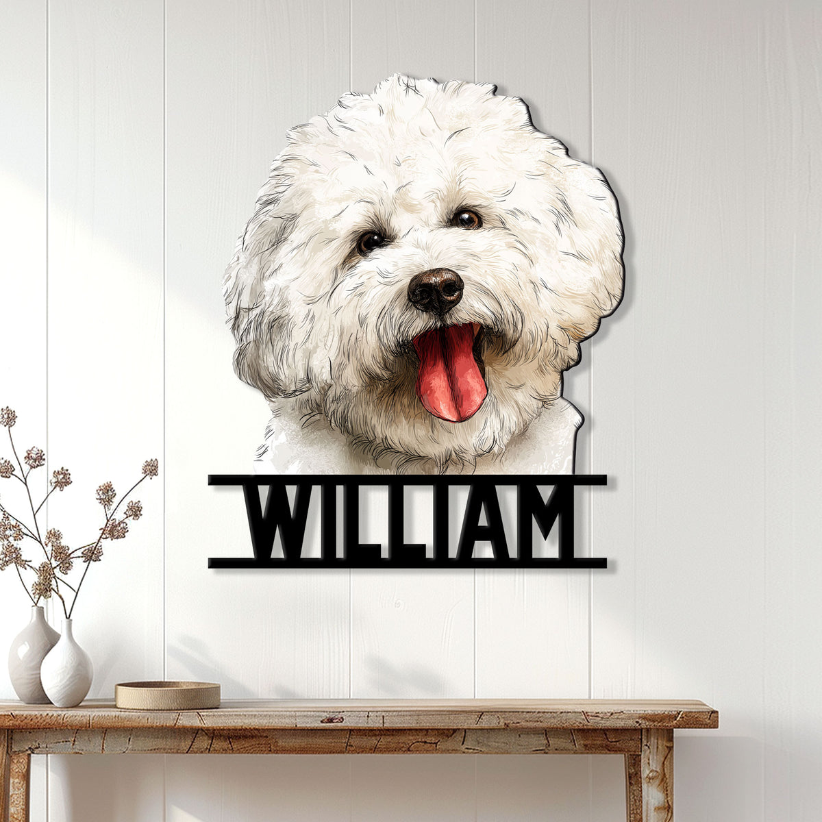 Bichon Frise wall sign displayed in a bright home entryway above a wooden console table