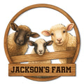 Custom sheep farm metal sign featuring three sheep behind a rustic wooden fence