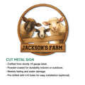 Sheep farm cut metal sign shown with product construction and installation feature details