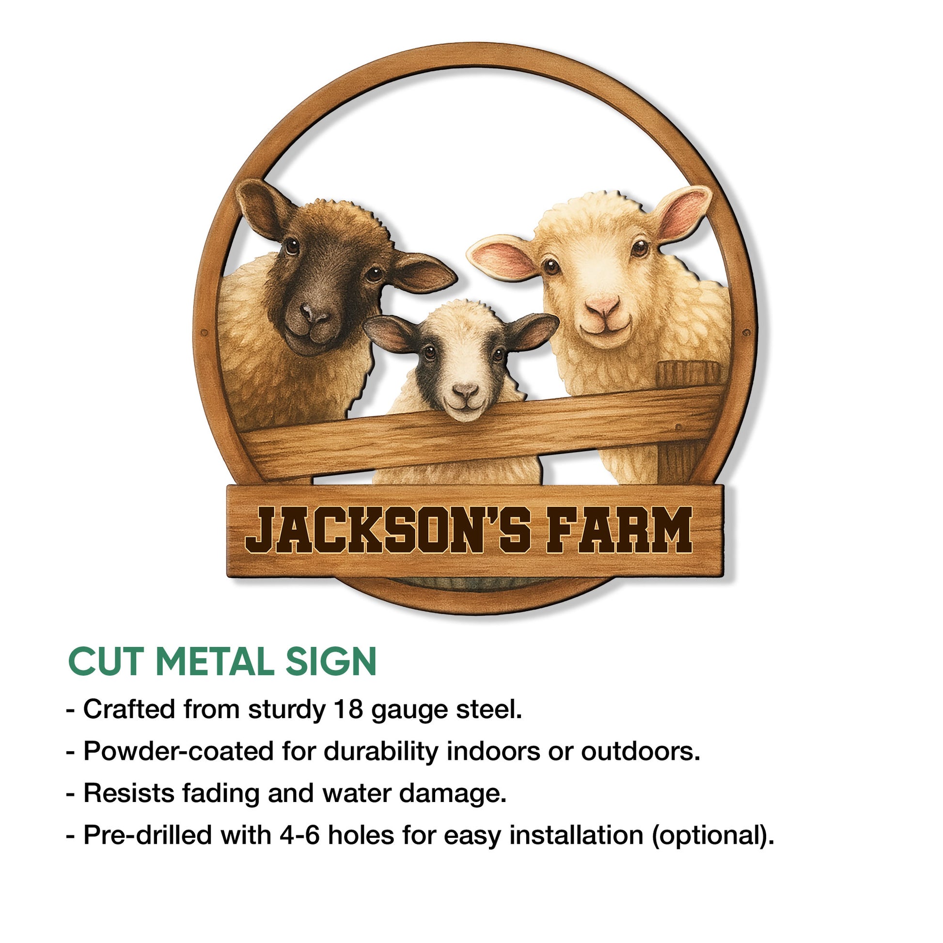 Sheep farm cut metal sign shown with product construction and installation feature details